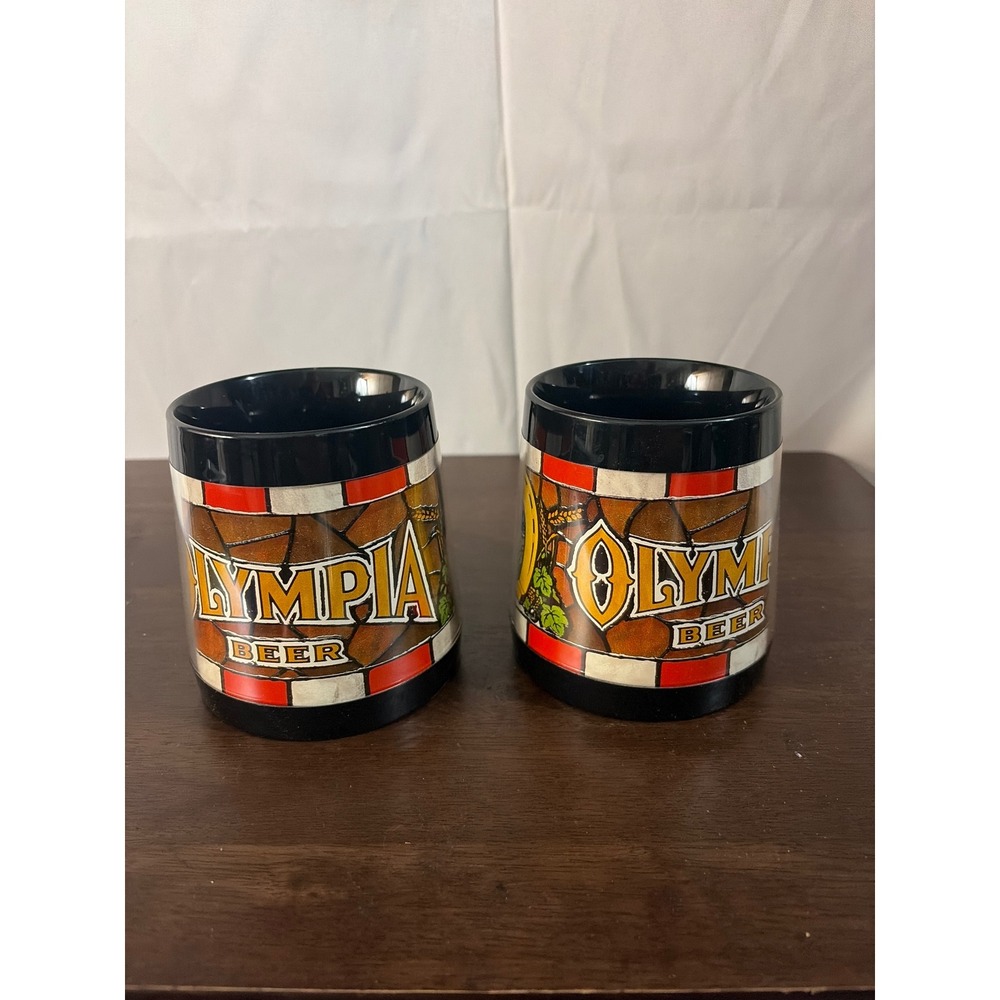 Vintage Olympia Beer Thermo-Serv Insulated Mugs Stained Glass Style Set of 2 USA